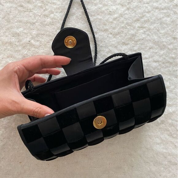 Vintage Black Checkered Velvet and Satin Crossbody Shoulder Bag - Picture 5 of 9